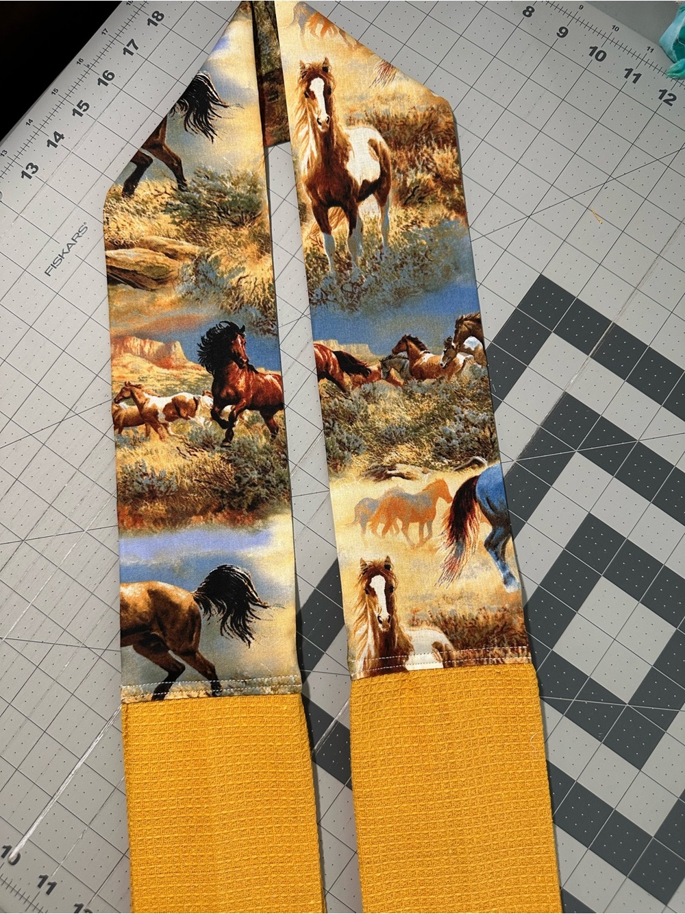 Handmade Wild Horse Print Kitchen Scarf in Mustard and Multi - Picture 9 of 10